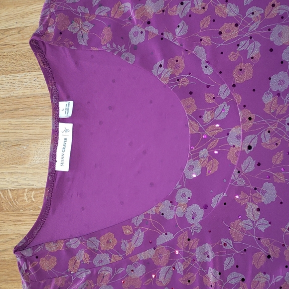 Susan Graver Purple Floral Scoop Neck 3/4 Sleeve Blouse Large - Picture 2 of 9